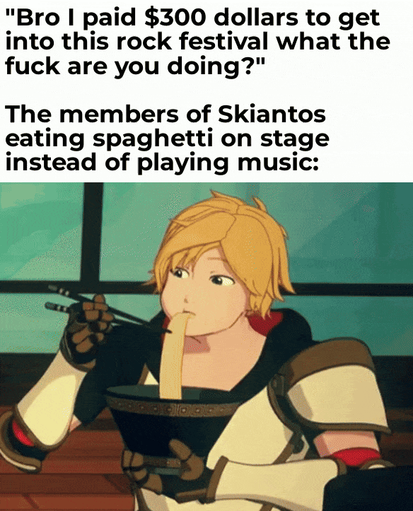 "Bro I paid $300 dollars to get into this rock festival what the f--- are you doing?" The members of Skiantos eating spaghetti on stage instead of playing music: GOOD