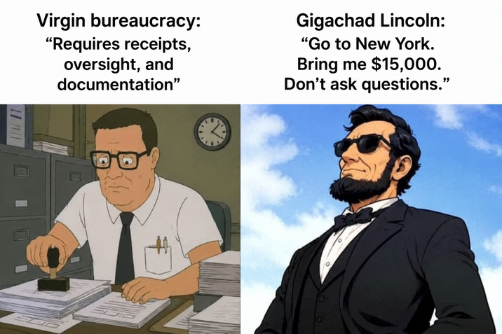 Virgin bureaucracy: "Requires receipts, oversight, and documentation" Gigachad Lincoln: "Go to New York. Bring me $15,000. Don't ask questions."