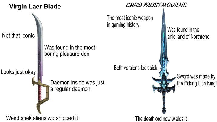Virgin Laer Blade Not that iconic CHAD FROSTMOURNE The most iconic weapon in gaming history Was found in the artic land of Northrend Was found in the most boring pleasure den Both versions look sick Looks just okay Daemon inside was just a regular daemon Sword was made by the f*cking Lich King! Weird snek aliens worshipped it The deathlord now wields it
