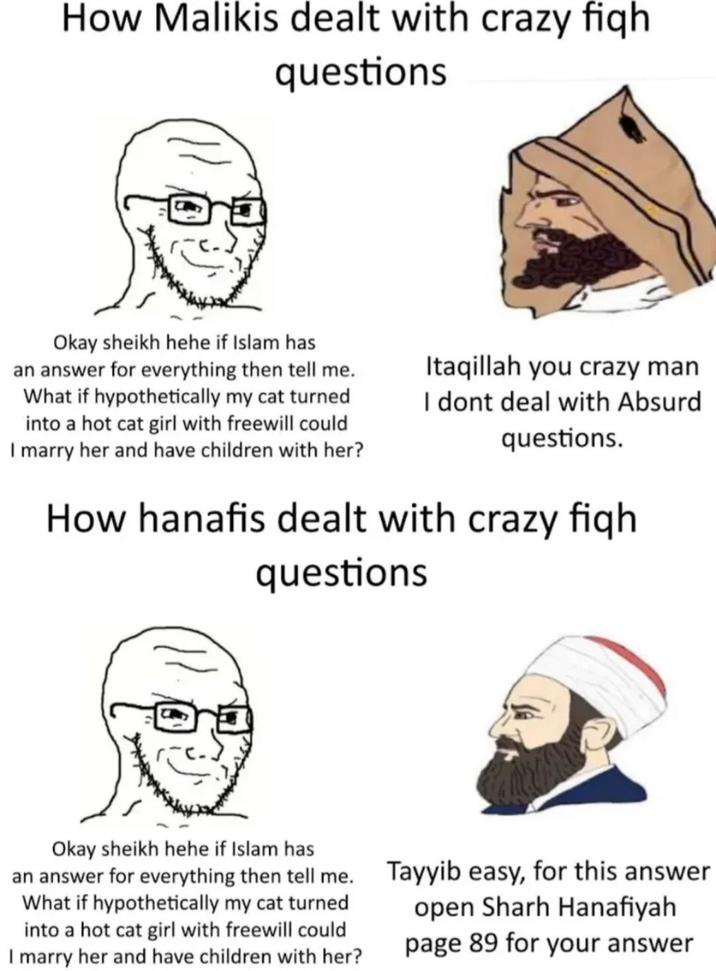How Malikis dealt with crazy fiqh questions Okay sheikh hehe if Islam has an answer for everything then tell me. What if hypothetically my cat turned into a hot cat girl with freewill could I marry her and have children with her? Itaqillah you crazy man I dont deal with Absurd questions. How hanafis dealt with crazy fiqh questions Okay sheikh hehe if Islam has an answer for everything then tell me. What if hypothetically my cat turned into a hot cat girl with freewill could I marry her and have children with her? Tayyib easy, for this answer open Sharh Hanafiyah. page 89 for your answer