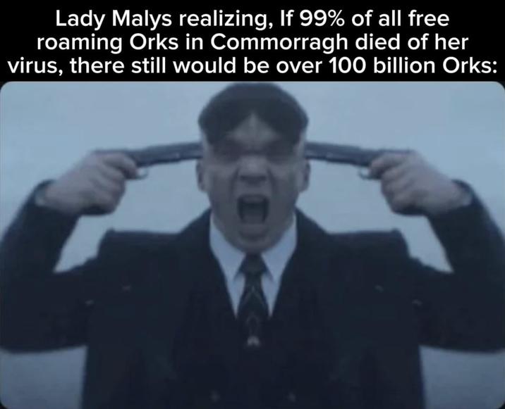 Lady Malys realizing, If 99% of all free roaming Orks in Commorragh died of her virus, there still would be over 100 billion Orks: