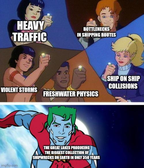 HEAVY TRAFFIC BOTTLENECKS IN SHIPPING ROUTES VIOLENT STORMS 20 FRESHWATER PHYSICS SHIP ON SHIP COLLISIONS imgflip.com THE GREAT LAKES PRODUCING THE BIGGEST COLLECTION OF SHIPWRECKS ON EARTH IN ONLY 350 YEARS