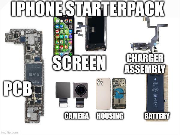IPHONE STARTERPACK PCB imgflip.com SCREEN CHARGER ASSEMBLY A15 CAMERA HOUSING BATTERY
