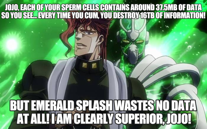 JOJO, EACH OF YOUR SPERM CELLS CONTAINS AROUND 37.5MB OF DATA SO YOU SEE EVERY TIME YOU C--, YOU DESTROY 16TB OF INFORMATION! BUT EMERALD SPLASH WASTES NO DATA AT ALL! I AM CLEARLY SUPERIOR, JOJO!