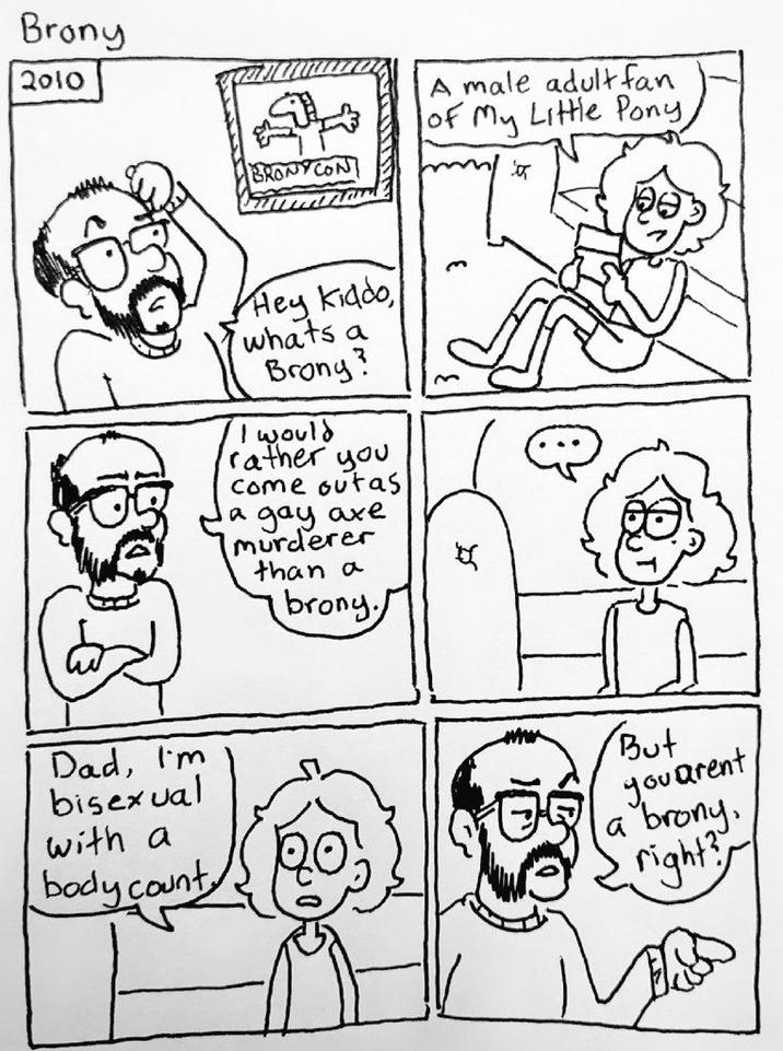 Brony 2010 BRONY CON A male adult fan of My Little Pony, 05 Hey Kiddo, whats a Brony? I would rather you Come outas a gay axe murderer than a (brony. Dad, I'm bisexual with a body count, But you arent a brony, right?