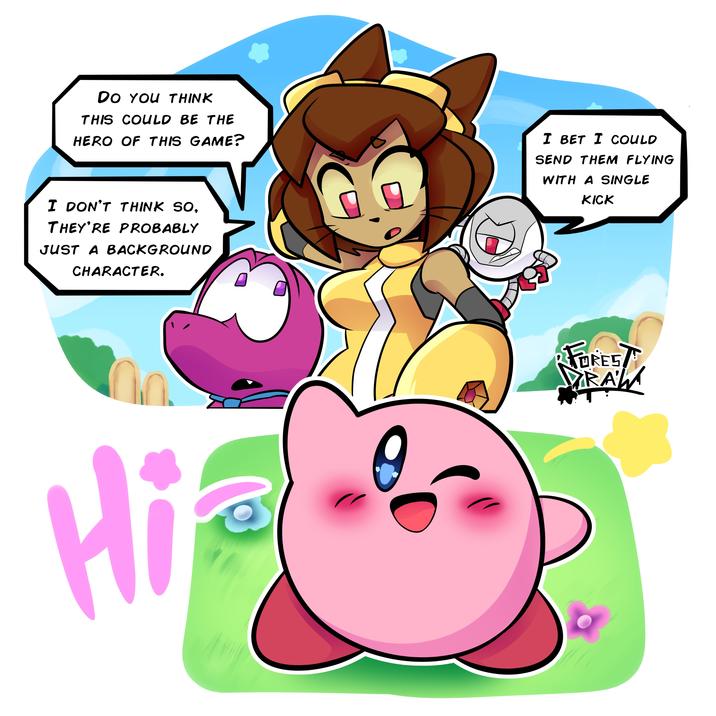 DO YOU THINK THIS COULD BE THE HERO OF THIS GAME? I BET I COULD SEND THEM FLYING WITH A SINGLE KICK I DON'T THINK SO, THEY'RE PROBABLY JUST A BACKGROUND CHARACTER. Hi FORES TRAW