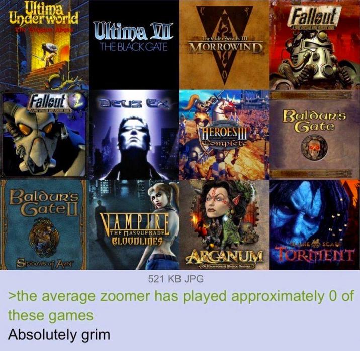 Ultima Underworld Ultima III THE BLACK GATE The Elder Scrolls III MORROWIND 0 Falleut 份 Fallout DEUS HEROES Complete Baldur's Gatell AMPIRE THE MASQUERADE BLOODLINES Baldur's Gate SCAR ARCANUM FORMENT Shadows of AMIN 521 KB JPG OF STEAMWORK & Macicy Oscu >the average zoomer has played approximately 0 of these games Absolutely grim