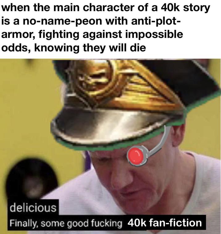 when the main character of a 40k story is a no-name-peon with anti-plot- armor, fighting against impossible odds, knowing they will die delicious Finally, some good f------ 40k fan-fiction