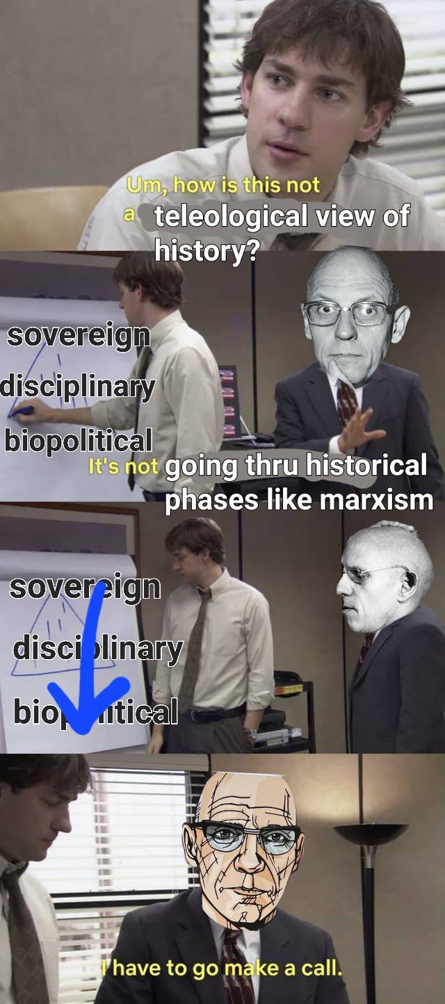 Um, how is this not teleological view of history? sovereign disciplinary biopolitical It's not going thru historical phases like marxism sovereign disciplinary biotical Phave to go make a call.