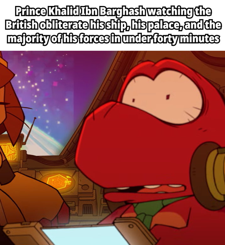 Prince Khalid Ibn Barghash watching the British obliterate his ship, his palace, and the majority of his forces in under forty minutes