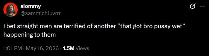 slommy @sammichluvrrr I bet straight men are terrified of another "that got bro p---- wet" happening to them 1:01 PM - May 16, 2026 1.5M Views