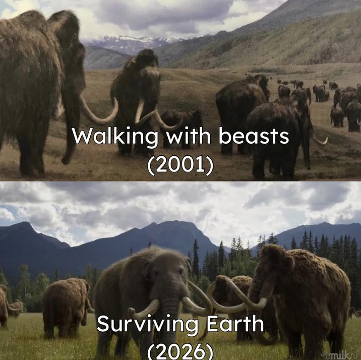 Walking with beasts (2001) Surviving Earth (2026) milkra