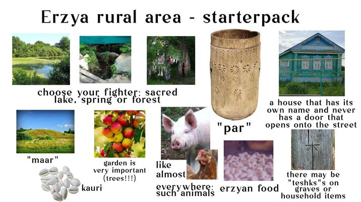- Erzya rural area starterpack choose your fighter: sacred lake, spring or forest a house that has its own name and never has a door that "par" opens onto the street "maar" garden is like very important (trees!!!) kauri almost everywhere: erzyan food such animals there may be "teshks"s on graves or household items