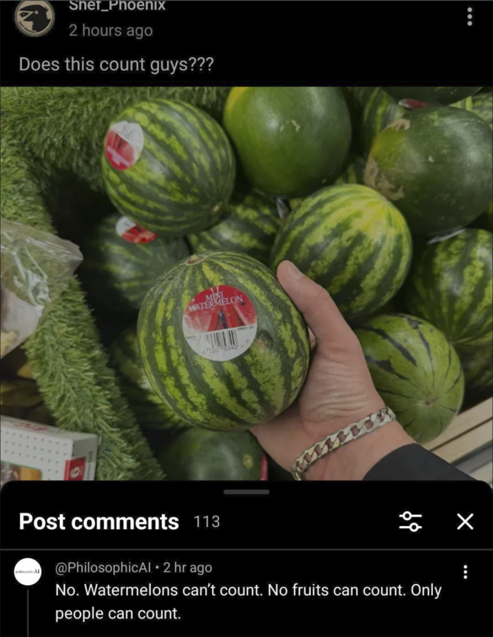 Shef_Phoenix 2 hours ago Does this count guys??? MINI WATERMELON WAL <100 5340 ANN O Post comments 113 philosophic Al @Philosophical ⚫ 2 hr ago 68 No. Watermelons can't count. No fruits can count. Only people can count.