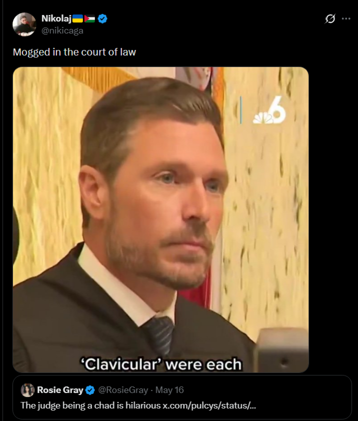 Nikolaj @nikicaga Mogged in the court of law 'Clavicular' were each Rosie Gray ❤ @RosieGray · May 16 The judge being a chad is hilarious x.com/pulcys/status/...