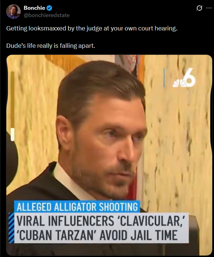 Bonchie @bonchieredstate Getting looksmaxxed by the judge at your own court hearing. Dude's life really is falling apart. ALLEGED ALLIGATOR SHOOTING VIRAL INFLUENCERS 'CLAVICULAR,' 'CUBAN TARZAN' AVOID JAIL TIME 6 0