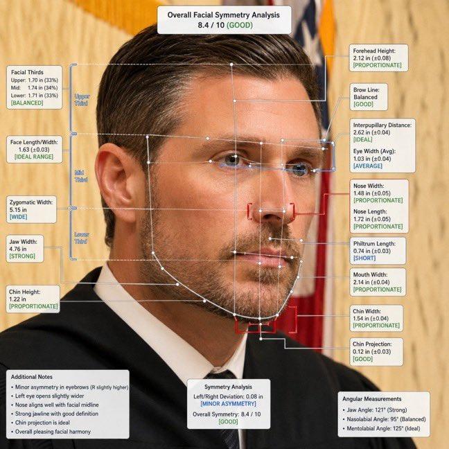 Facial Thirds Upper: 1.70 in (33%) Overall Facial Symmetry Analysis 8.4/10 (GOOD) Forehead Height: 2.12 in (10.08) [PROPORTIONATE] Uppor Mid: 1.74 in (34%) Lower: 1.71 in (33%) [BALANCED] T Face Length/Width: 1.63 (±0.03) [IDEAL RANGE] Zygomatic Width: 5.15 in WM Thako [WIDE] Jaw Width: Thi 4.76 in [STRONG] Chin Height: 1.22 in [PROPORTIONATE] Lower Brow Line: Balanced [GOOD] Interpupillary Distance: 2.62 in (0.04) [IDEAL] Eye Width (Avg): 1.03 in (0.04) [AVERAGE] Nose Width: 1.48 in (±0.05) [PROPORTIONATE] Nose Length: 1.72 in (±0.05) [PROPORTIONATE] Philtrum Length: 0.74 in (0.03) [SHORT] Mouth Width: 2.14 in (±0.04) [PROPORTIONATE] Chin Width: 1.54 in (0.04) [PROPORTIONATE] Chin Projection: 0.12 in (±0.03) [GOOD] Additional Notes • Minor asymmetry in eyebrows (R slightly higher) • Left eye opens slightly wider Nose aligns well with facial midline Strong jawline with good definition Chin projection is ideal Overall pleasing facial harmony Symmetry Analysis Left/Right Deviation: 0.08 in [MINOR ASYMMETRY] Overall Symmetry: 8.4/10 [GOOD] Angular Measurements Jaw Angle: 121" (Strong) Nasolabial Angle: 95 (Balanced) Mentolabial Angle: 125" (Ideal)