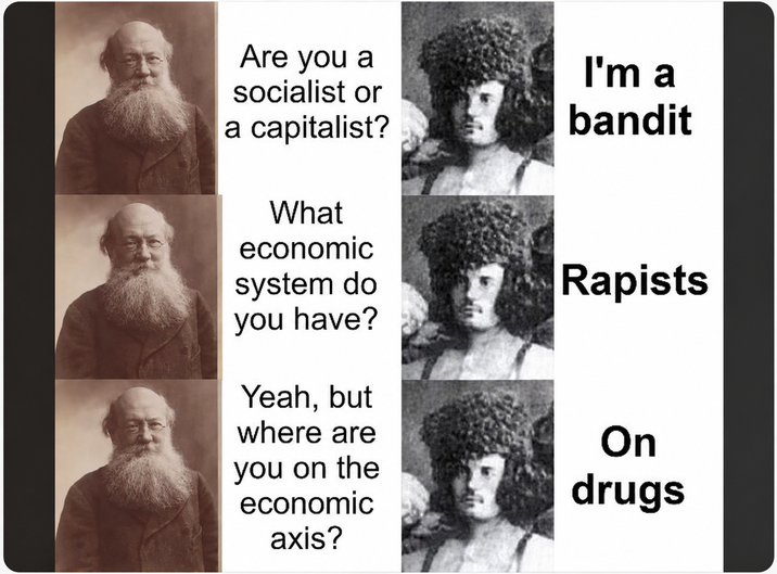 Are you a socialist or a capitalist? What I'm a bandit economic system do Rapists you have? Yeah, but where are you on the economic axis? On drugs