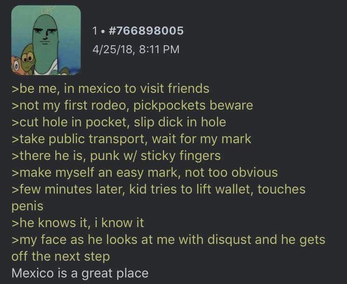 1. #766898005 4/25/18, 8:11 PM >be me, in mexico to visit friends >not my first rodeo, pickpockets beware >cut hole in pocket, slip d--- in hole >take public transport, wait for my mark >there he is, punk w/ sticky fingers >make myself an easy mark, not too obvious >few minutes later, kid tries to lift wallet, touches penis >he knows it, i know it >my face as he looks at me with disqust and he gets off the next step Mexico is a great place