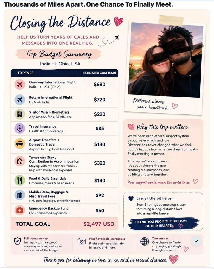 Thousands of Miles Apart. One Chance To Finally Meet. Closing the Distance HELP US TURN YEARS OF CALLS AND MESSAGES INTO ONE REAL HUG. Trip Budget Summary India Ohio, USA ☑ EXPENSE ESTIMATED COST (USD) One-way International Flight $680 India USA (Ohio) ☑ Return International Flight $720 USA India Different places, same heartbeat. Visitor Visa + Biometrics $220 Application fees, SEVIS, etc. Travel Insurance $85 Why this trip matters Health & trip coverage Airport Transfers + Domestic Travel $180 We've been each other's support system through every high and low. Distance has never changed what we feel, Airport to city, local transport but it's kept us from what we dream of most- finally meeting in person. Temporary Stay/ Contribution to Accommodation $320 Staying with my partner's family/ This trip isn't about luxury. It's about closing the gap, help with household expenses 41 Food & Daily Essentials $140 Groceries, meals & basic needs creating real memories, and building a future together. Your support would mean the world to us. Mobile/Data, Baggage & Misc Travel Fees $92 SIM, extra baggage, convenience fees Emergency Backup Fund $60 For unexpected expenses TOTAL GOAL $2,497 USD Every little bit helps. Even $1 brings us one step closer to turning a long-distance love into a real-life forever. THANK YOU FROM THE BOTTOM OF OUR HEARTS Full transparency. I'm happy to share proof, answer questions, and show every detail of the budget. Proof available on request O Flight estimates, visa info, itinerary, and more. Two people. One chance to finally stop saying goodnight through a screen. Thank you for believing in love, in us, and in second chances.