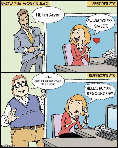 KNOW THE WORK RULES APPROPRIATE Hi, I'm A---- AWWW.YOU'RE SWEET. imgflip.com DO Hi, I'm Romani, an Indo-A---- ethnic group INAPPROPRIATE HELLO, HUMAN RESOURCES?!