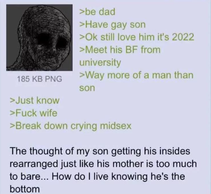 185 KB PNG >be dad >Have gay son >Ok still love him it's 2022 >Meet his BF from university >Way more of a man than son >Just know >F--- wife >Break down crying midsex The thought of my son getting his insides rearranged just like his mother is too much to bare... How do I live knowing he's the bottom