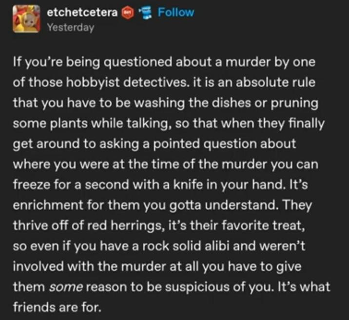 etchetcetera Yesterday Follow If you're being questioned about a murder by one of those hobbyist detectives. it is an absolute rule that you have to be washing the dishes or pruning some plants while talking, so that when they finally get around to asking a pointed question about where you were at the time of the murder you can freeze for a second with a knife in your hand. It's enrichment for them you gotta understand. They thrive off of red herrings, it's their favorite treat, so even if you have a rock solid alibi and weren't involved with the murder at all you have to give them some reason to be suspicious of you. It's what friends are for.