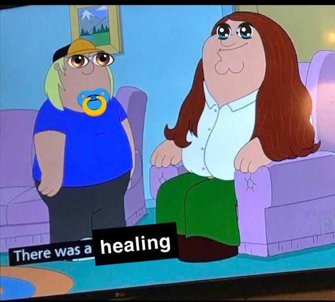 A Family Guy meme captioned "There was a healing." It shows Chris and Peter with big eyes.