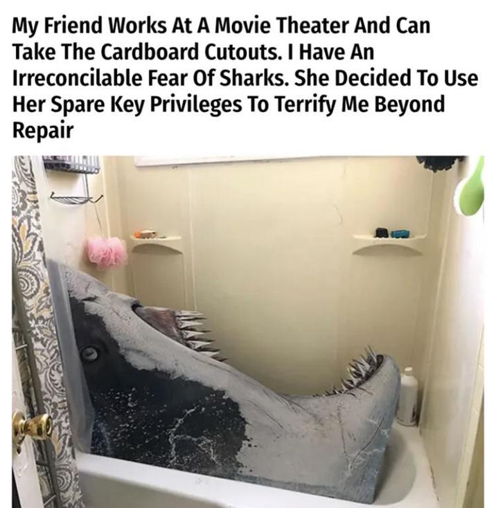 My Friend Works At A Movie Theater And Can Take The Cardboard Cutouts. I Have An Irreconcilable Fear Of Sharks. She Decided To Use Her Spare Key Privileges To Terrify Me Beyond Repair
