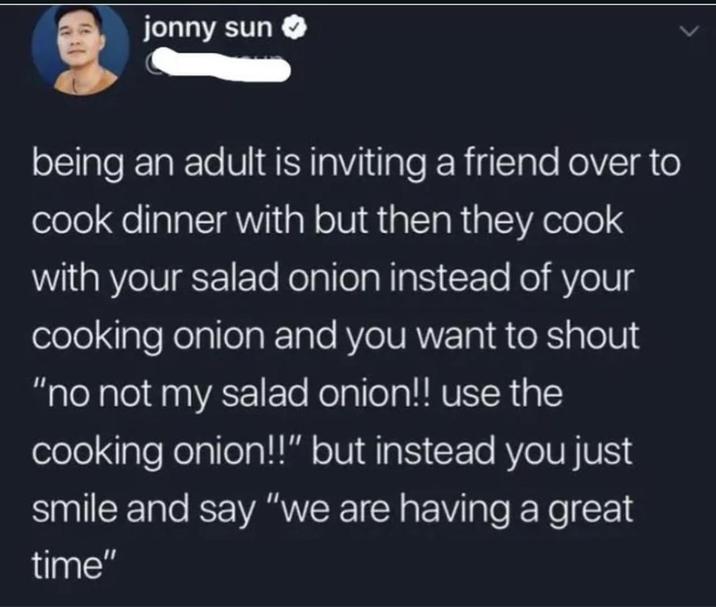 jonny sun being an adult is inviting a friend over to cook dinner with but then they cook with your salad onion instead of your cooking onion and you want to shout “no not my salad onion!! use the cooking onion!!" but instead you just smile and say "we are having a great time"
