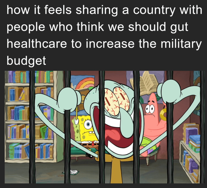how it feels sharing a country with people who think we should gut healthcare to increase the military budget
