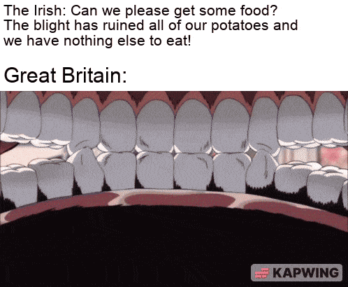 The Irish: Can we please get some food? The blight has ruined all of our potatoes and we have nothing else to eat! Great Britain: KAPWING