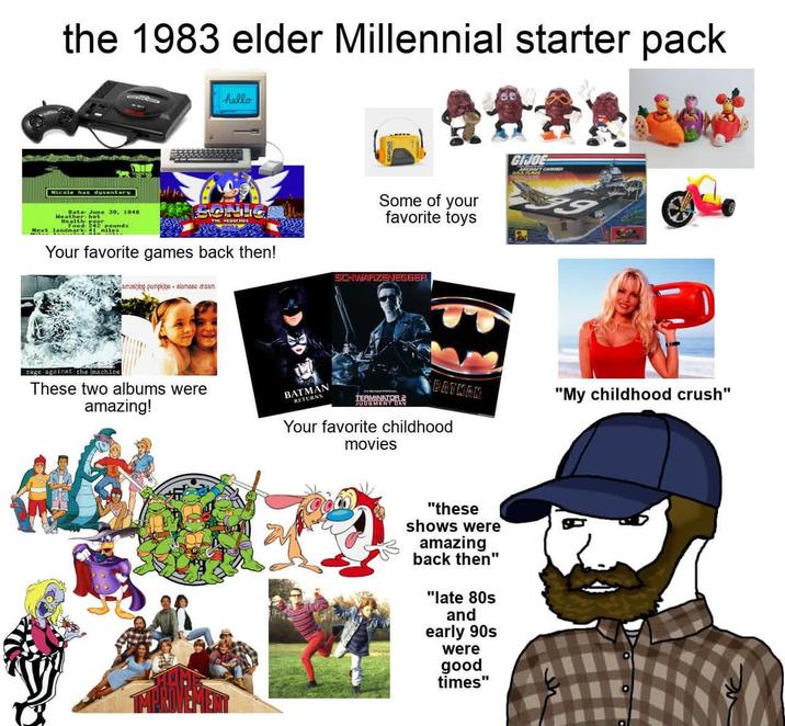 the 1983 elder Millennial starter pack Nicole has dysentery hello Date June 30, 1840 Heather hot Feed: 242 pounds Next landnarkles SONICA THE HEDGEHOG Your favorite games back then! smashing pumpkins siamese dream GIJOE Some of your favorite toys SCHWARZENEGGER! BATMAN "My childhood crush" These two albums were amazing! BATMAN RETURNS TERMINATOR Your favorite childhood movies "these shows were amazing back then" "late 80s and early 90s were good times"
