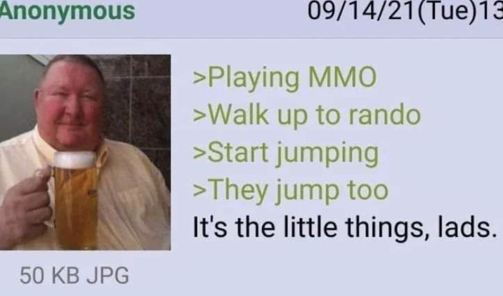 Anonymous 50 KB JPG 09/14/21(Tue)13 >Playing MMO >Walk up to rando >Start jumping >They jump too It's the little things, lads.
