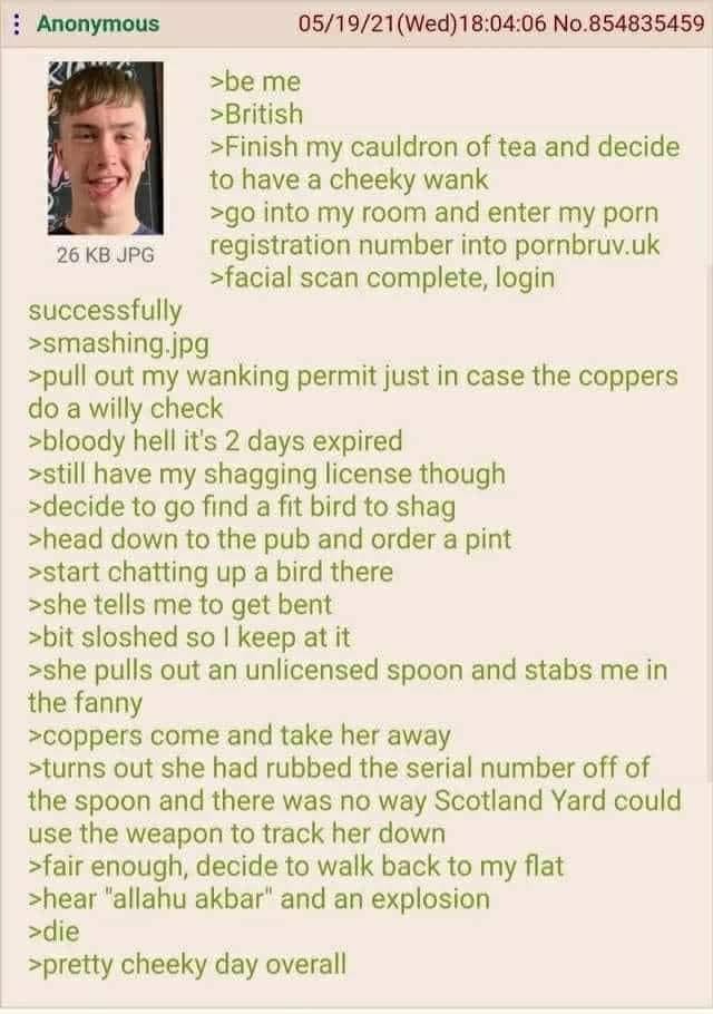 Anonymous 26 KB JPG successfully >smashing.jpg >be me >British 05/19/21(Wed)18:04:06 No.854835459 >Finish my cauldron of tea and decide to have a cheeky wank >go into my room and enter my p--- registration number into pornbruv.uk >facial scan complete, login >pull out my wanking permit just in case the coppers do a willy check >bloody hell it's 2 days expired >still have my shagging license though >decide to go find a fit bird to shag >head down to the pub and order a pint >start chatting up a bird there >she tells me to get bent >bit sloshed so I keep at it >she pulls out an unlicensed spoon and stabs me in the fanny >coppers come and take her away >turns out she had rubbed the serial number off of the spoon and there was no way Scotland Yard could use the weapon to track her down >fair enough, decide to walk back to my flat >hear "allahu akbar" and an explosion >die >pretty cheeky day overall