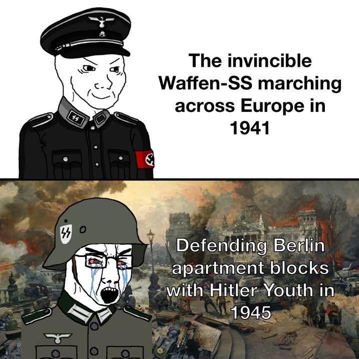 44 The invincible Waffen-SS marching across Europe in 1941 1708 Defending Berlin apartment blocks with Hitler Youth in 1945 O