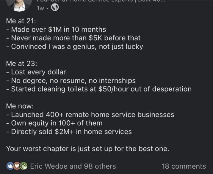 Me at 21: 1w - Made over $1M in 10 months - Never made more than $5K before that - Convinced I was a genius, not just lucky Me at 23: - Lost every dollar - No degree, no resume, no internships - Started cleaning toilets at $50/hour out of desperation Me now: - Launched 400+ remote home service businesses - Own equity in 100+ of them - Directly sold $2M+ in home services Your worst chapter is just set up for the best one. Eric Wedoe and 98 others 18 comments