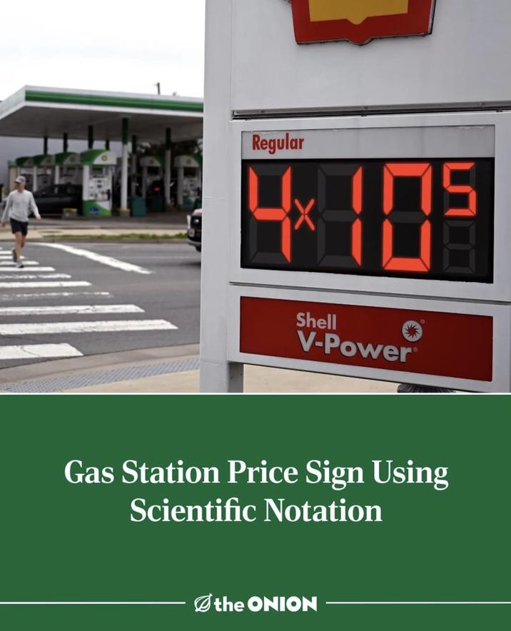 Regular 4× 105 Shell V-Power® Gas Station Price Sign Using Scientific Notation the ONION