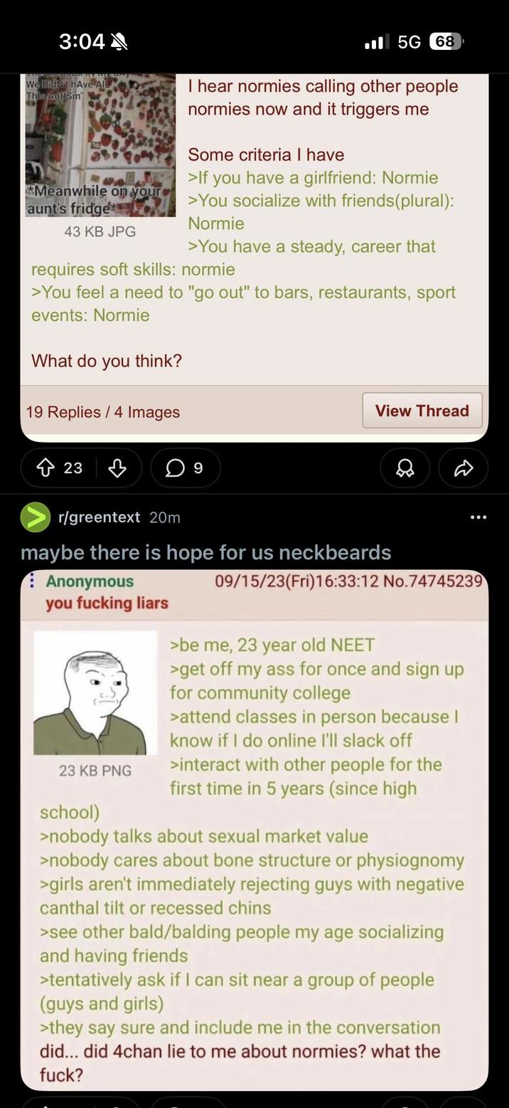 3:04 5G 68 We Didn't hAve AIL This Aut Sm *Meanwhile on your aunt's fridge 43 KB JPG I hear normies calling other people normies now and it triggers me Some criteria I have >If you have a girlfriend: Normie >You socialize with friends(plural): Normie >You have a steady, career that requires soft skills: normie >You feel a need to "go out" to bars, restaurants, sport events: Normie What do you think? 19 Replies / 4 Images 23 ☐ 9 View Thread r/greentext 20m maybe there is hope for us neckbeards Anonymous you f------ liars 23 KB PNG school) 09/15/23(Fri)16:33:12 No. 74745239 >be me, 23 year old NEET >get off my ass for once and sign up for community college >attend classes in person because I know if I do online I'll slack off >interact with other people for the first time in 5 years (since high >nobody talks about sexual market value >nobody cares about bone structure or physiognomy >girls aren't immediately rejecting guys with negative canthal tilt or recessed chins >see other bald/balding people my age socializing and having friends >tentatively ask if I can sit near a group of people (guys and girls) >they say sure and include me in the conversation did... did 4chan lie to me about normies? what the f---?