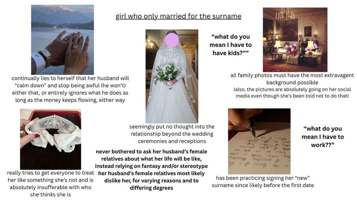 girl who only married for the surname "what do you mean I have to continually lies to herself that her husband will "calm down" and stop being awful (he won't) either that, or entirely ignores what he does as long as the money keeps flowing, either way have kids?"" all family photos must have the most extravagent background possible (also, the pictures are absolutely going on her social media even though she's been told not to do that) really tries to get everyone to treat her like something she's not and is absolutely insufferable with who she thinks she is seemingly put no thought into the relationship beyond the wedding ceremonies and receptions never bothered to ask her husband's female relatives about what her life will be like, instead relying on fantasy and/or stereotype her husband's female relatives most likely dislike her, for varying reasons and to differing degrees 21 F no 6 "what do you mean I have to work??" has been practicing signing her "new" surname since likely before the first date