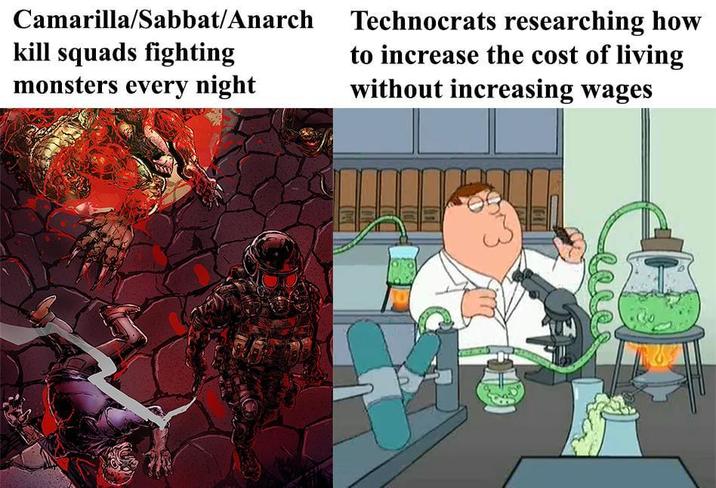 Camarilla/Sabbat/Anarch kill squads fighting monsters every night Technocrats researching how to increase the cost of living without increasing wages