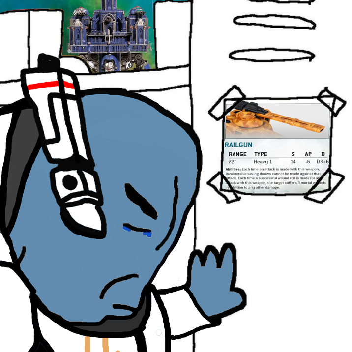 200 RAILGUN RANGE TYPE 72" Heavy 1 S AP D 14 -6 D3+6 Abilities: Each time an attack is made with this weapon, invulnerable saving throws cannot be made against that attack. Each time a successful wound roll is made for ar ack with this weapon, the target suffers 3 mortal wnds in dition to any other damage.
