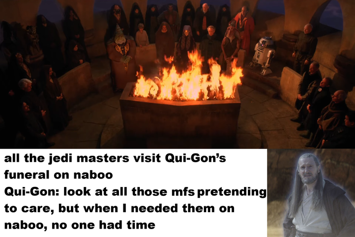 all the jedi masters visit Qui-Gon's funeral on naboo Qui-Gon: look at all those mfs pretending to care, but when I needed them on naboo, no one had time
