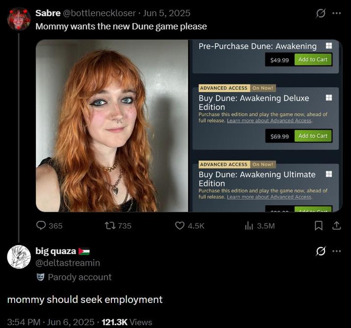 A tweet reading, "Mommy wants the new Dune game please." The comment reads, "mommy should seek employment."