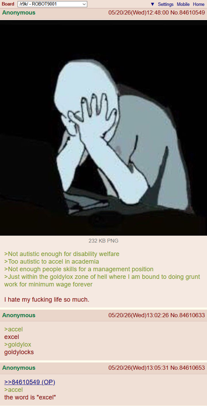Board /r9k/ - ROBOT9001 Anonymous Settings Mobile Home 05/20/26(Wed)12:48:00 No.84610549 232 KB PNG >Not autistic enough for disability welfare >Too autistic to accel in academia >Not enough people skills for a management position >Just within the goldylox zone of hell where I am bound to doing grunt work for minimum wage forever I hate my f------ life so much. Anonymous >accel excel >goldylox 05/20/26(Wed)13:02:26 No.84610633 goldylocks Anonymous >>84610549 (OP) >accel the word is "excel" 05/20/26(Wed)13:05:31 No.84610653