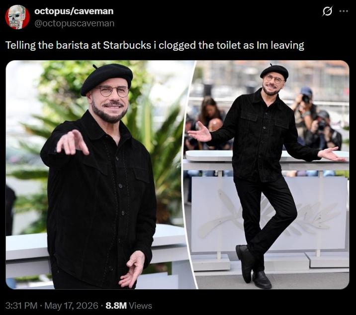A meme using a photo of Travolta in a beret. It reads, "Telling the barista at Starbucks i clogged the toilet as Im leaving."