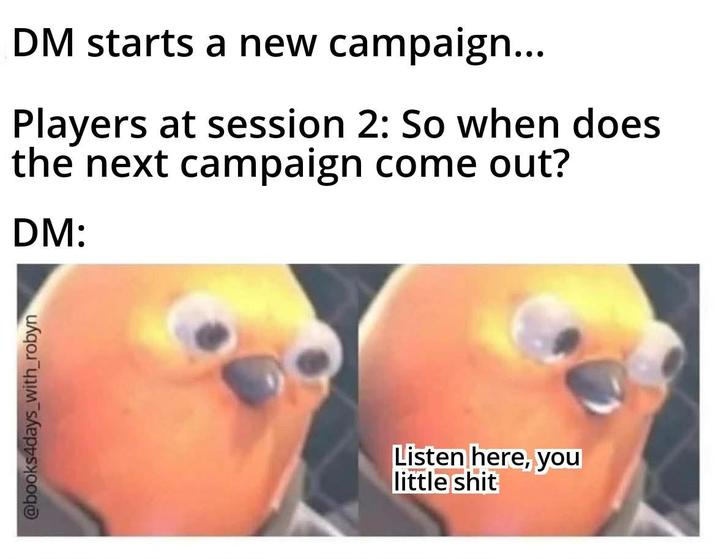 @books4days_with_robyn DM starts a new campaign... Players at session 2: So when does the next campaign come out? DM: Listen here, you little s---