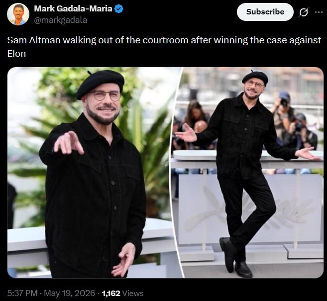 Mark Gadala-Maria @markgadala Subscribe Sam Altman walking out of the courtroom after winning the case against Elon 5:37 PM - May 19, 2026 1,162 Views