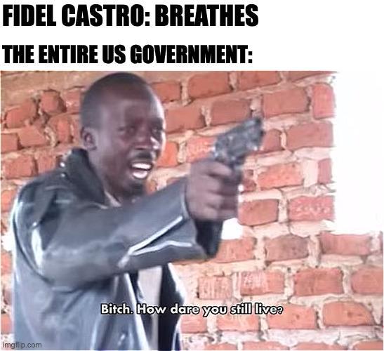 FIDEL CASTRO: BREATHES THE ENTIRE US GOVERNMENT: imgflip.com Bitch. How dare you still live?