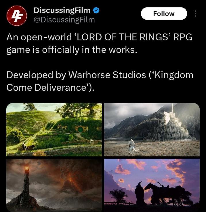 -ti DiscussingFilm @DiscussingFilm Follow An open-world 'LORD OF THE RINGS' RPG game is officially in the works. Developed by Warhorse Studios ('Kingdom Come Deliverance').